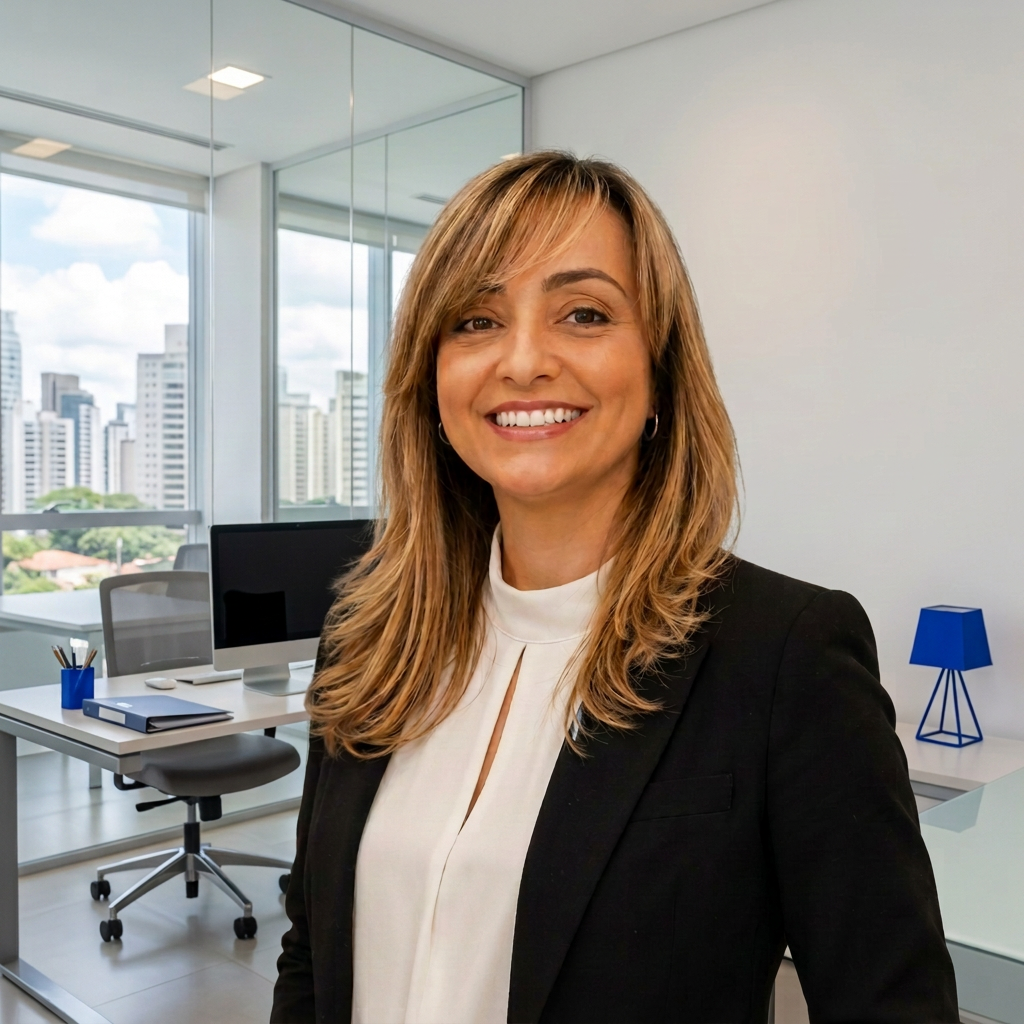 Elaine Ferreira Gonçalves em um escritório com a marca EFG Prospera Seguros